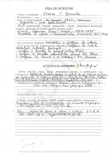 M-1306-1 - Fisa de scriitor STANCU T. DUMITRU